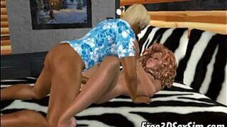 Two sexy 3D brunette babes suck cock and get fucked porn video